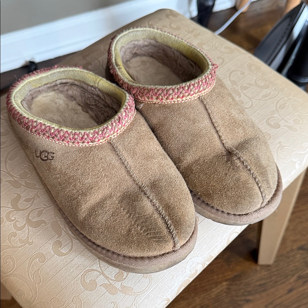 UGG Brown Suede Slip-Ons with Pink Trim
